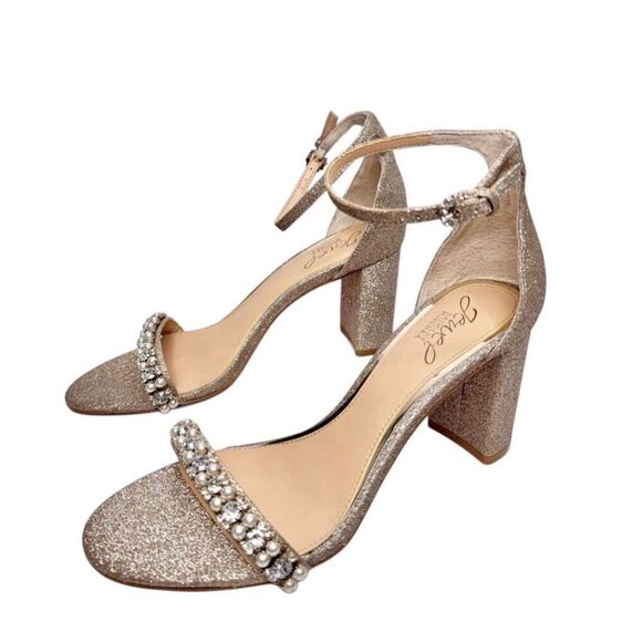 Badgley Mischka Sandals Size 8.5 Champagne Ankle Strap Daylaan Heels Bridesmaid - Picture 2 of 9